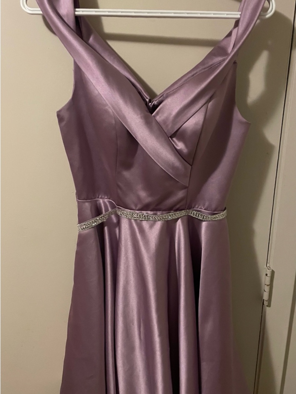 May Queen Lavender Satin Prom Dress with Beaded Waist